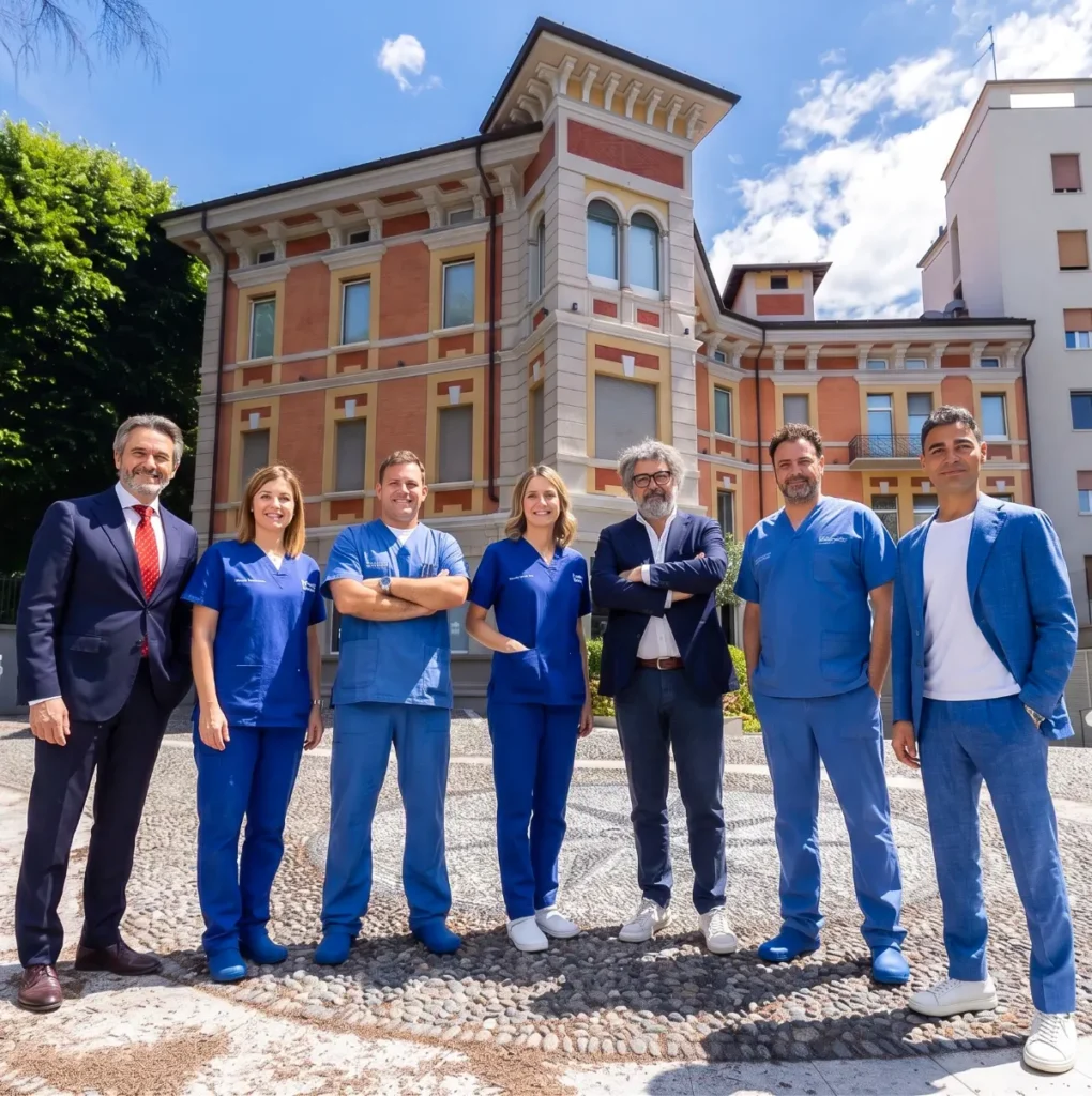L'équipe medica davanti alla sede di Palazzo Manzoni a Brescia